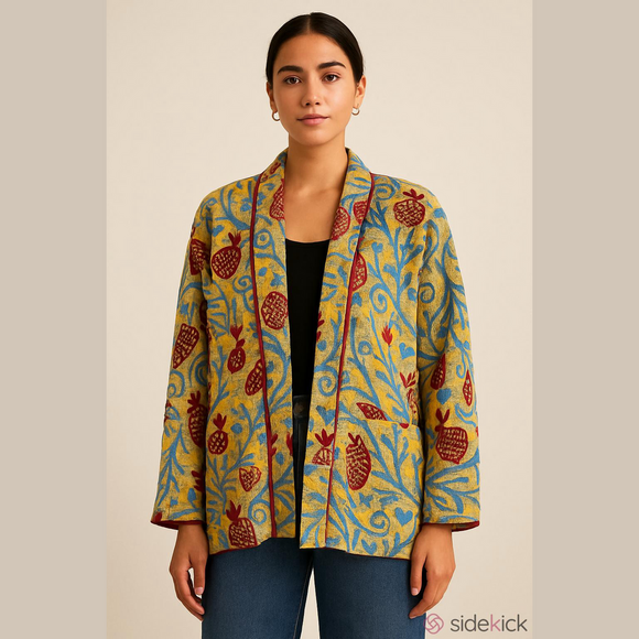 she’s1oak Jackets & Blazers - Embroidered Floral Open-Front Jacket in Yellow and Red